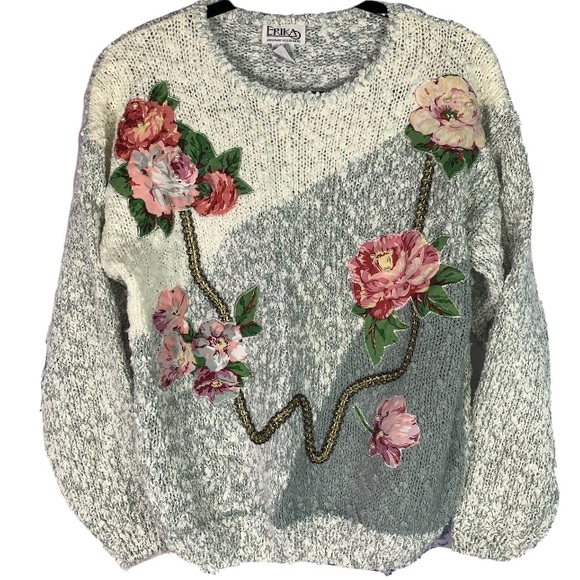 Vintage Sweaters - 90’s Vintage Beaded Rose Floral Chunky Sweater